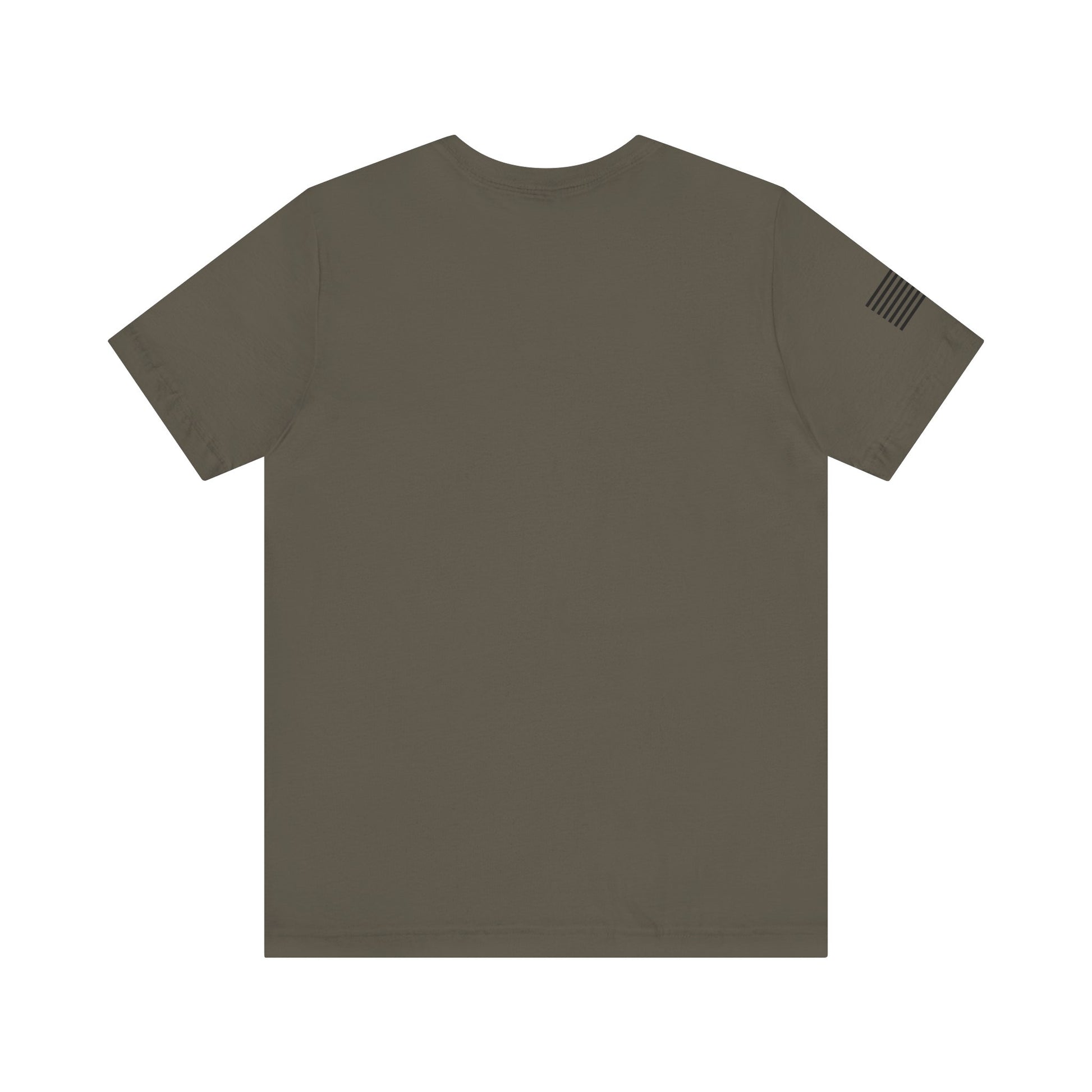 Brown t-shirt with a patch on the sleeve against a white background