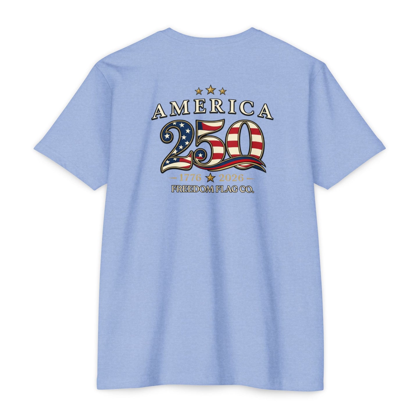 Light blue t-shirt with 'America 250' design on a white background