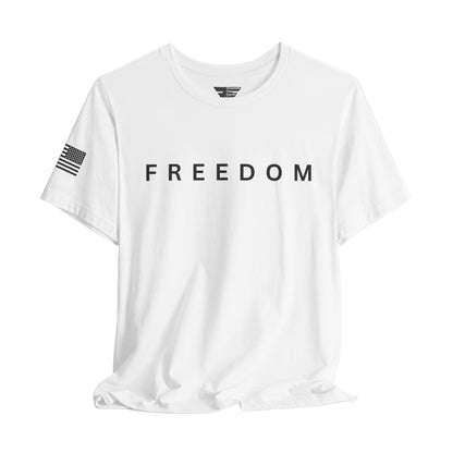 White t-shirt with 'FREEDOM' text on a white background