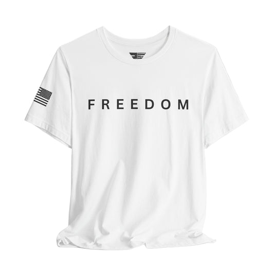 White t-shirt with 'FREEDOM' text on a white background