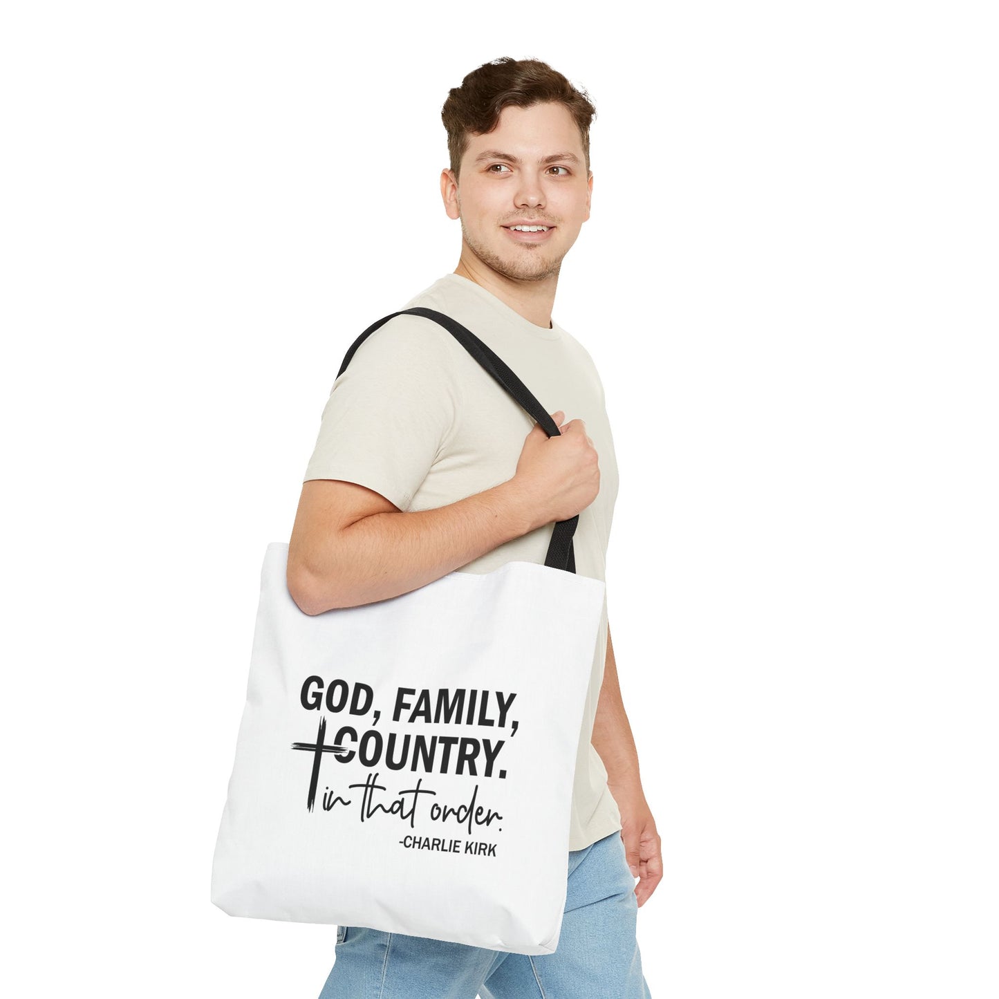 Charlie Kirk "God, Family, Country" Tote Bag – Patriotic Memorial Canvas Bag