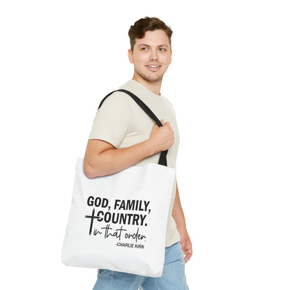 Charlie Kirk "God, Family, Country" Tote Bag – Patriotic Memorial Canvas Bag