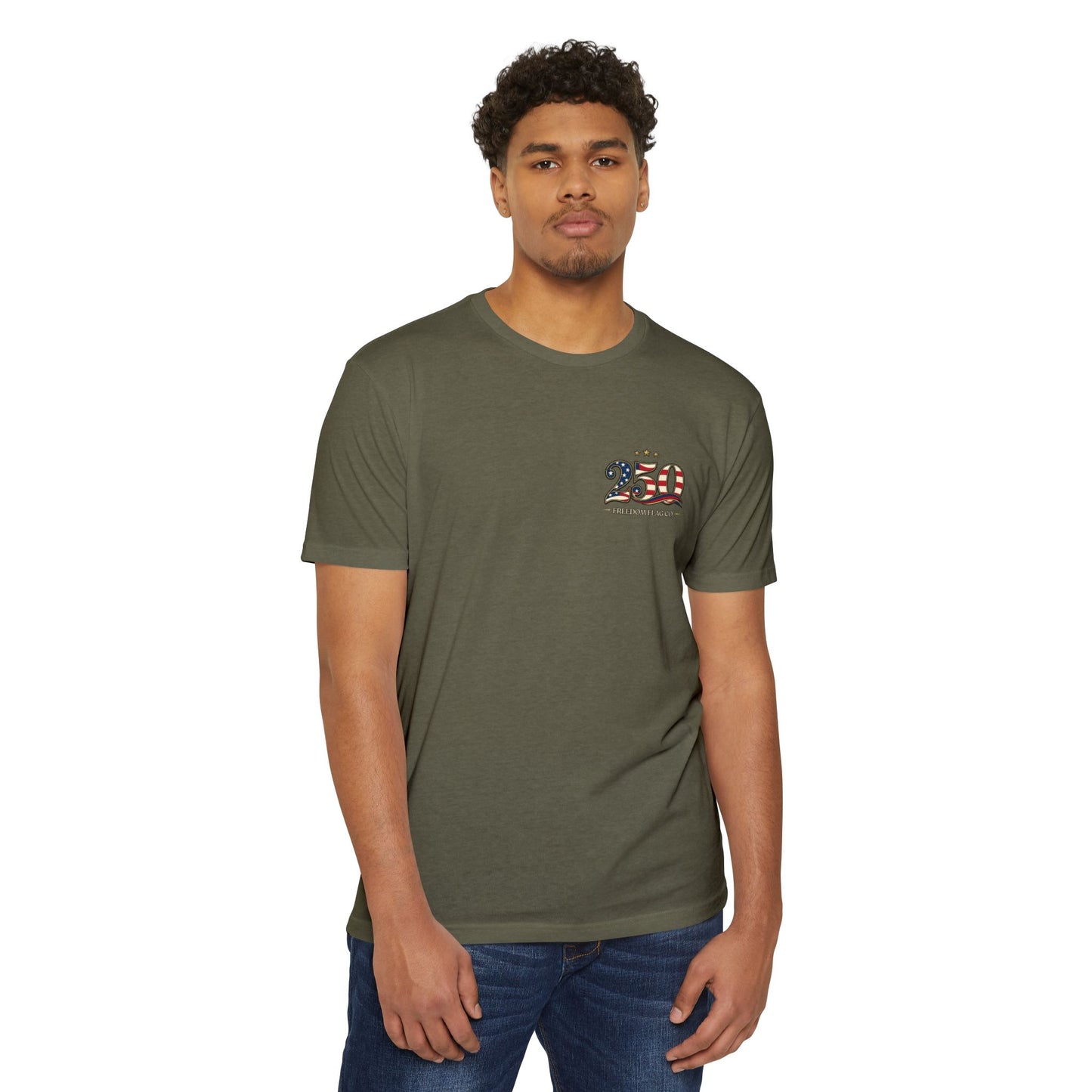 Man wearing a green t-shirt with 'Miramar Marine' text on a white background