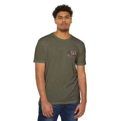 Man wearing a green t-shirt with 'Miramar Marine' text on a white background