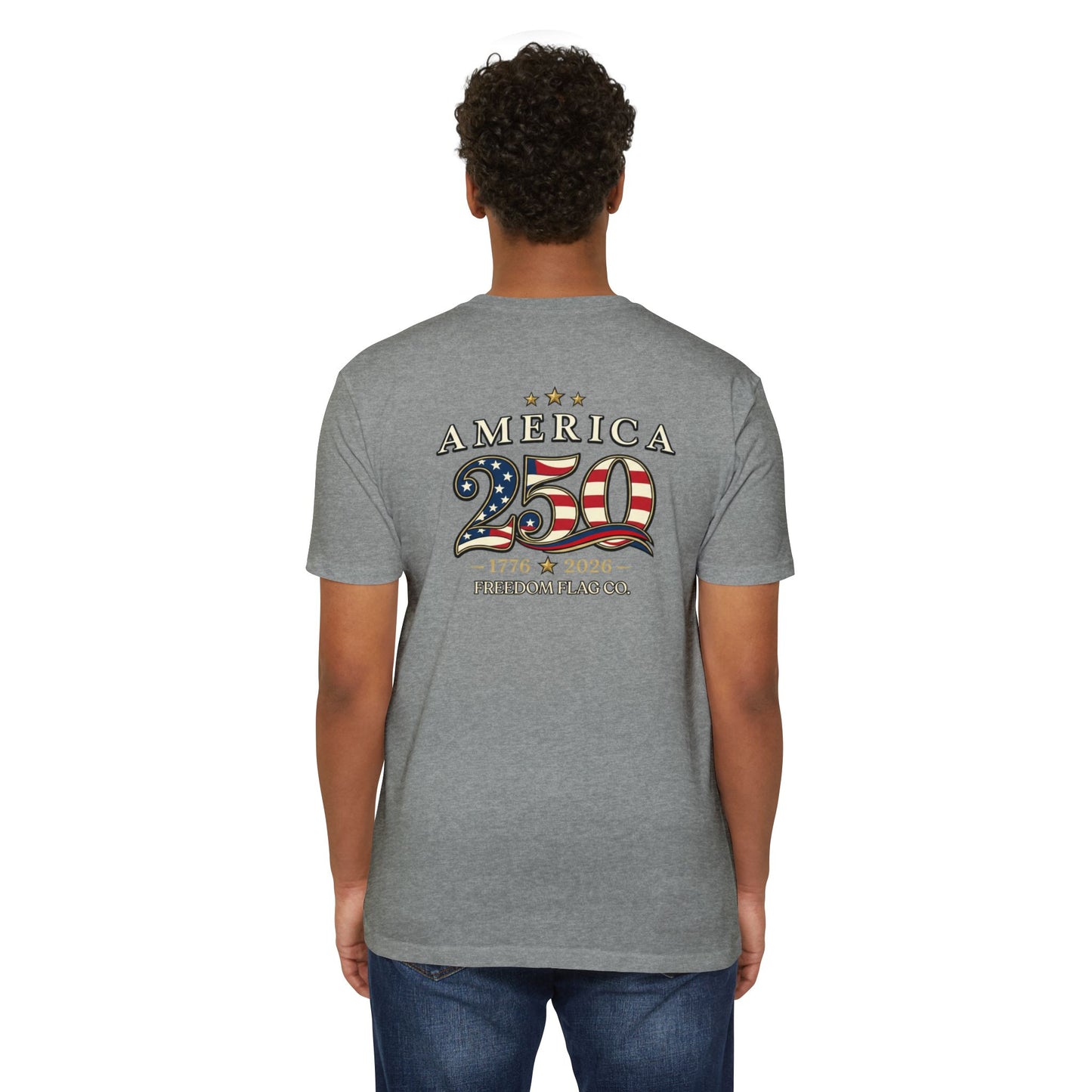 Person wearing a gray t-shirt with 'America 250' design on the back, on a white background