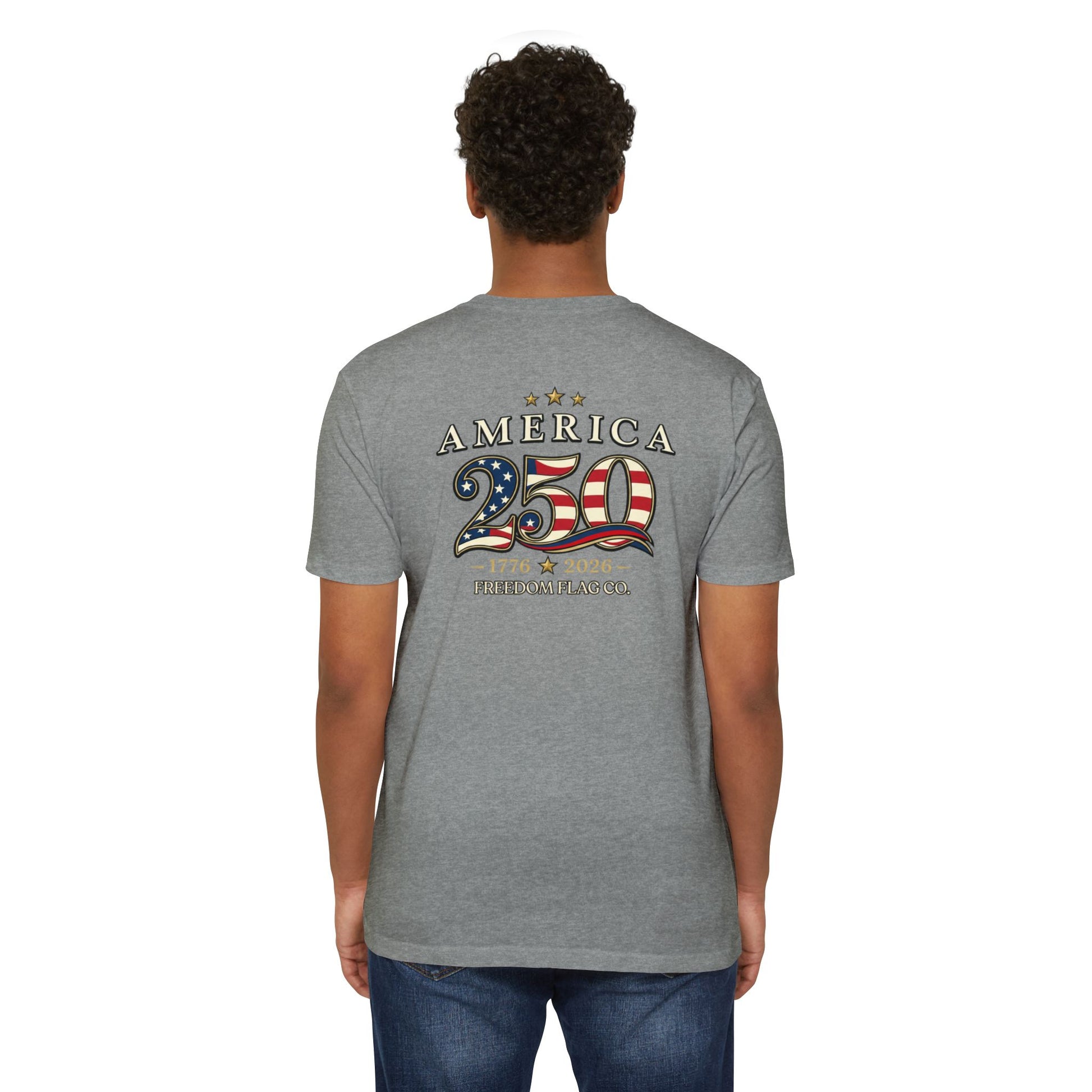 Person wearing a gray t-shirt with 'America 250' design on the back, on a white background