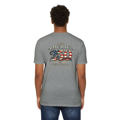 Person wearing a gray t-shirt with 'America 250' design on the back, on a white background