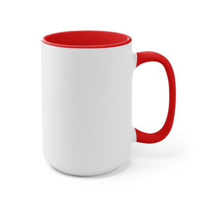 White mug with red handle and rim on a white background