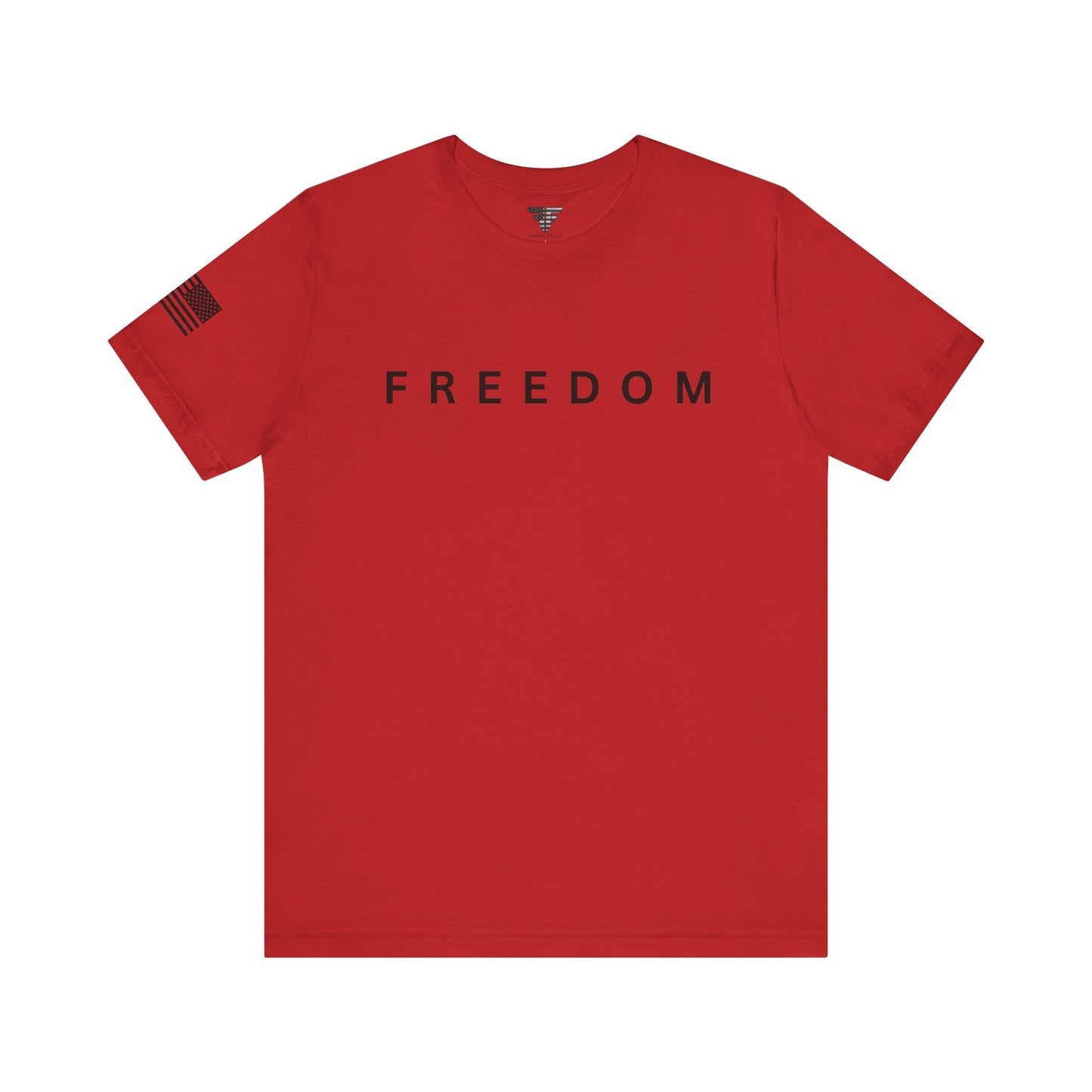 Red t-shirt with 'FREEDOM' printed on it against a white background