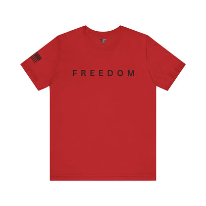 Red t-shirt with 'FREEDOM' printed on it against a white background