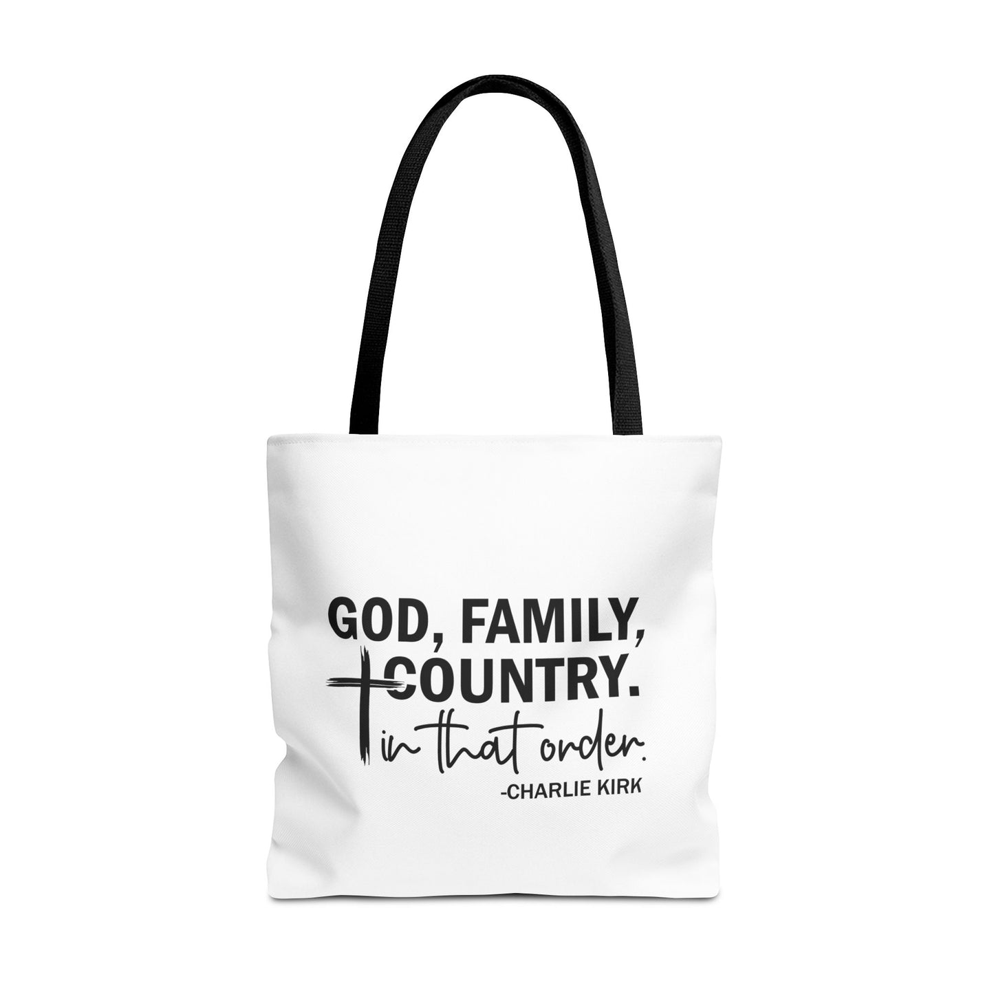 Charlie Kirk "God, Family, Country" Tote Bag – Patriotic Memorial Canvas Bag