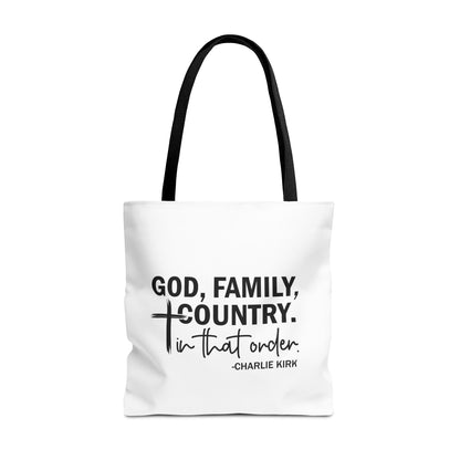 Charlie Kirk "God, Family, Country" Tote Bag – Patriotic Memorial Canvas Bag