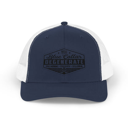 Blue Collar Degenerate Trucker Hat – Snapback Mesh Cap for Hardworking Americans