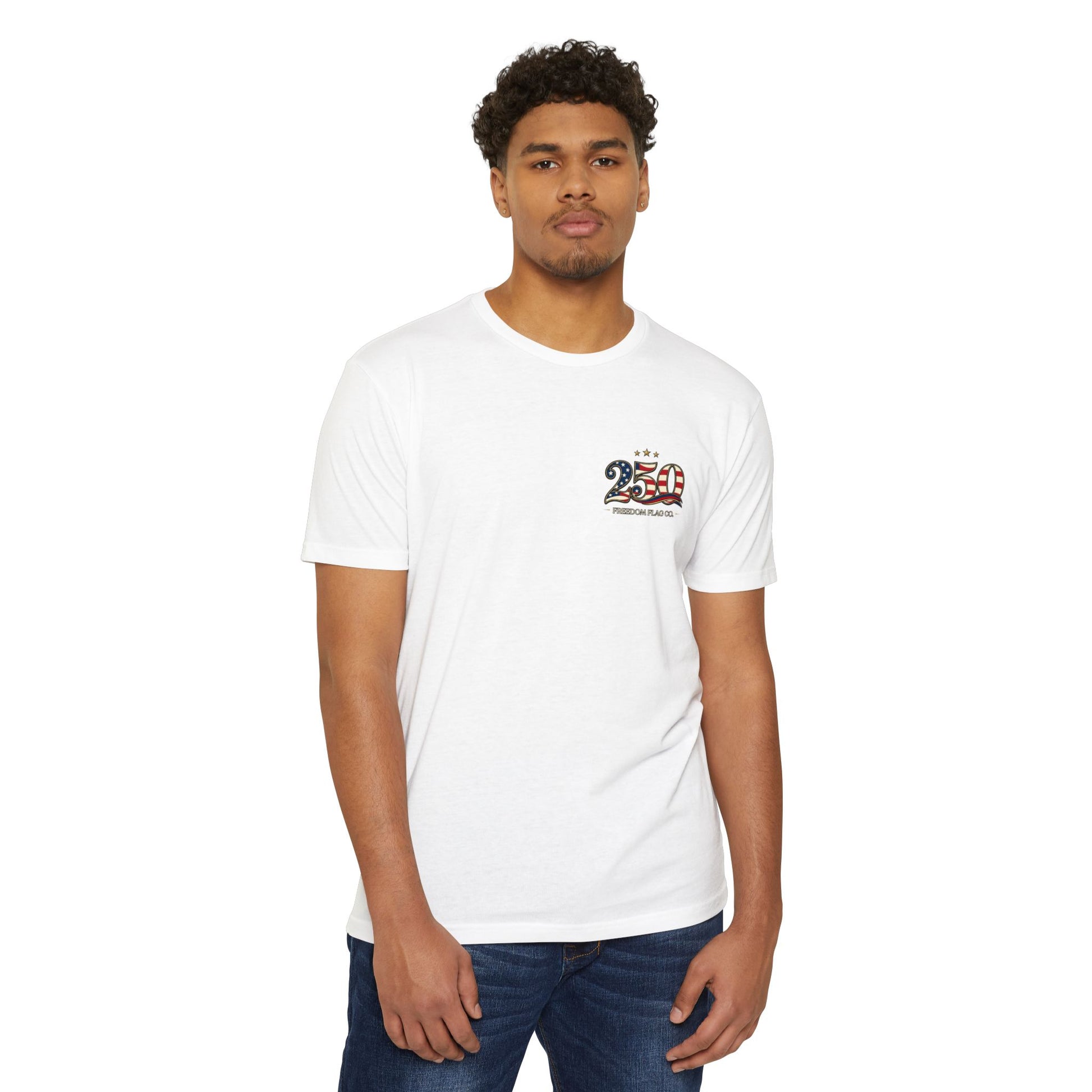 Vintage America 250 unisex patriotic t-shirt featuring USA flag inspired 250 graphic with 1776–2026 anniversary artwork by Freedom Flag Co.