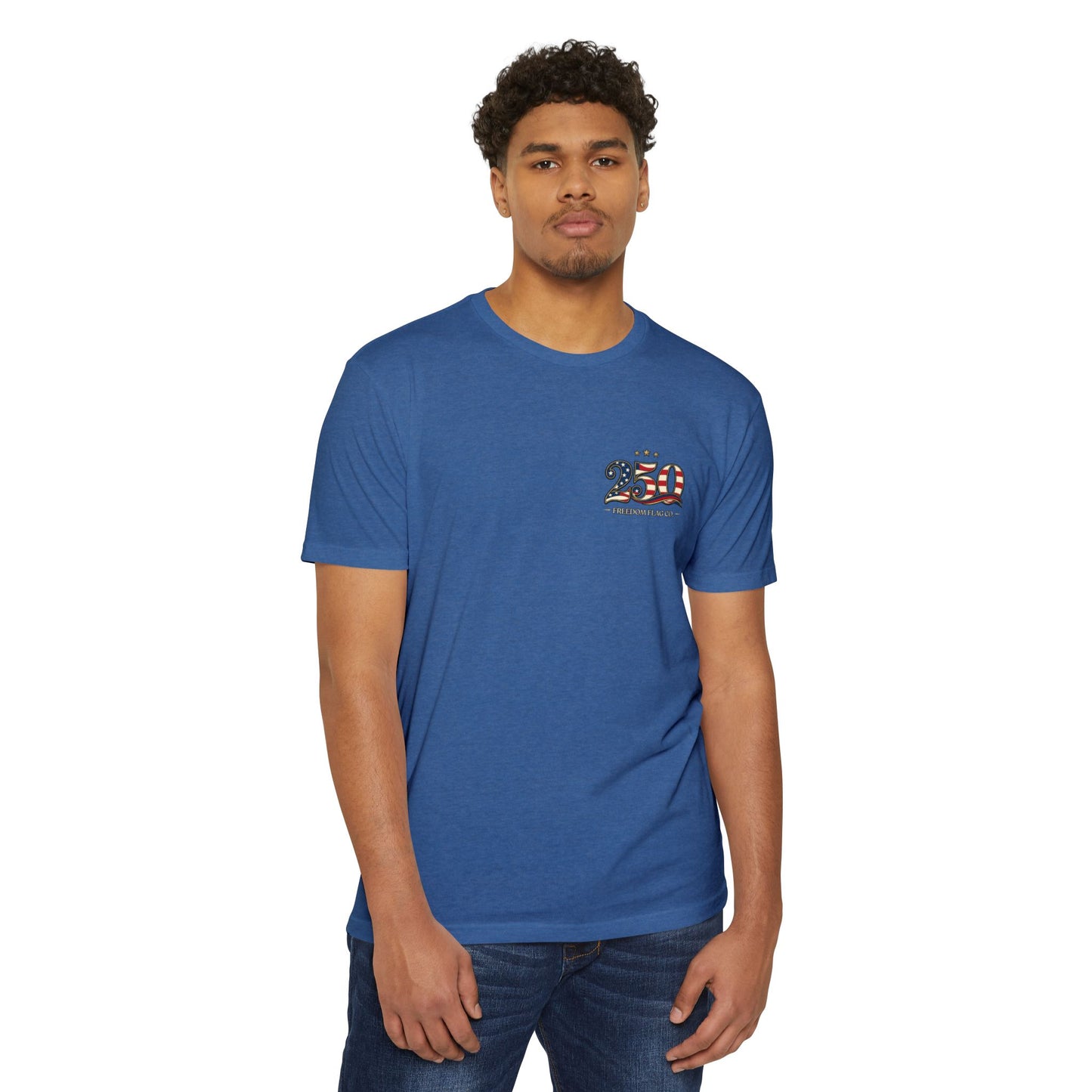 Man wearing a blue t-shirt with a logo on a white background