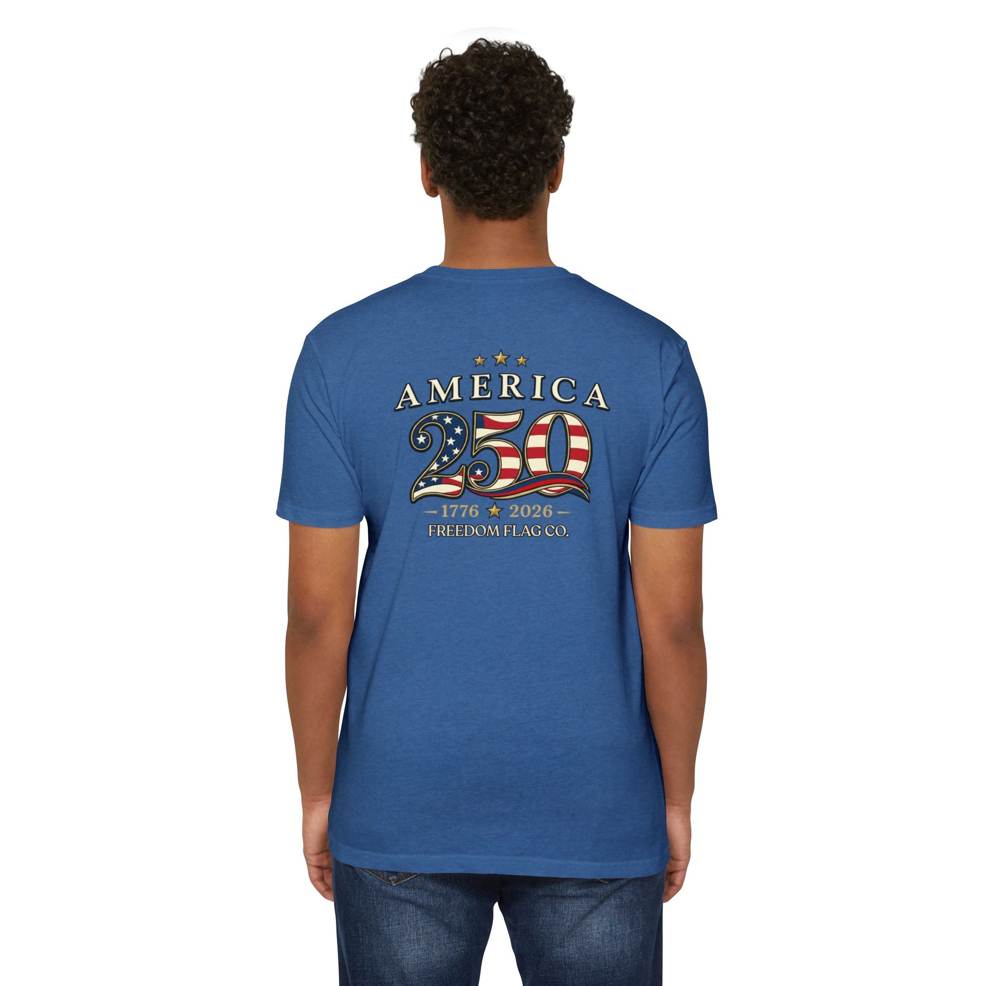 Person wearing a blue t-shirt with 'America 250' design on the back, featuring an American flag.