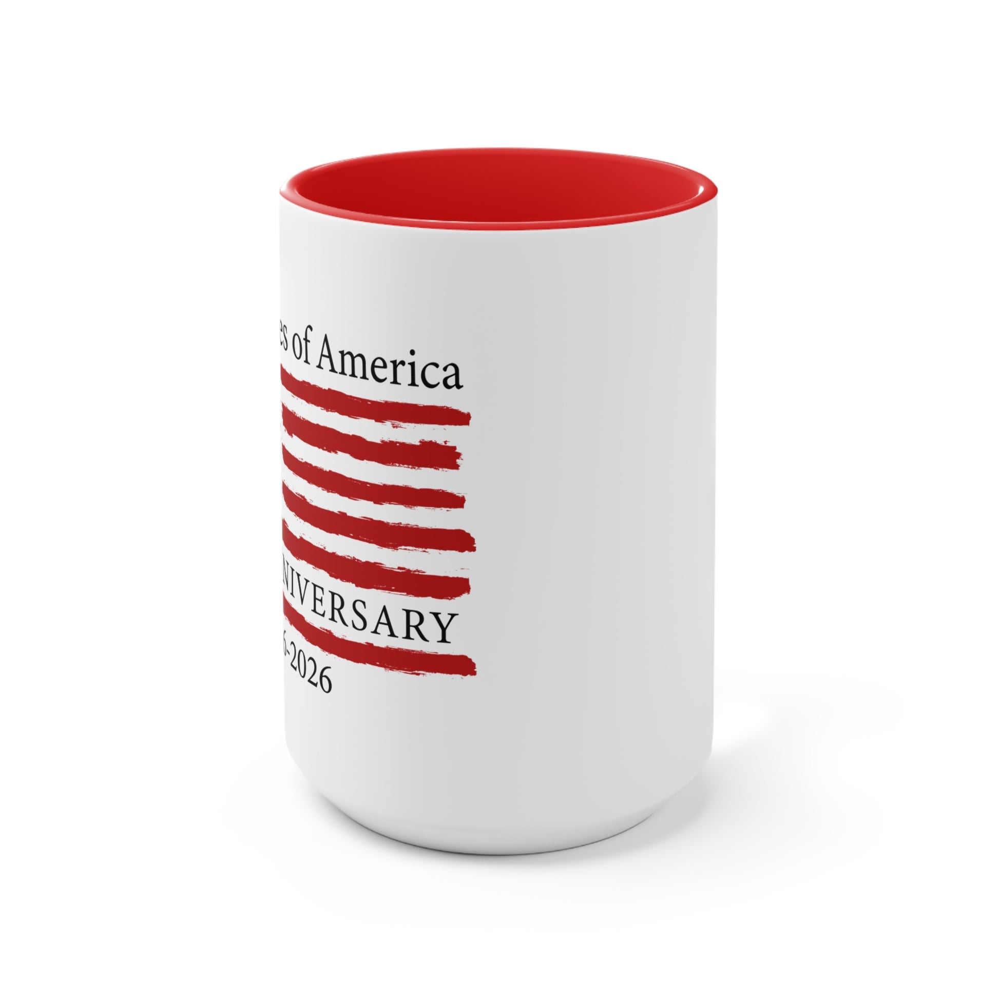 White mug with red interior and American flag design on a white background