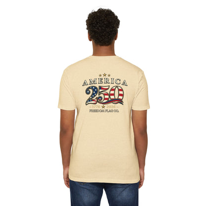 Person wearing a beige t-shirt with 'America 250' design on the back, on a white background