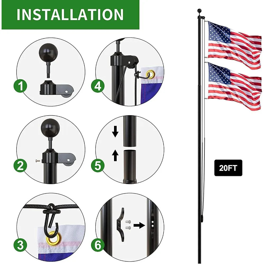 14 Gauge Flag Pole for Outside In Ground - 20 FT Heavy Duty Flagpole Kit for Yard - Extra Thick Outdoor Flag Poles with 3x5