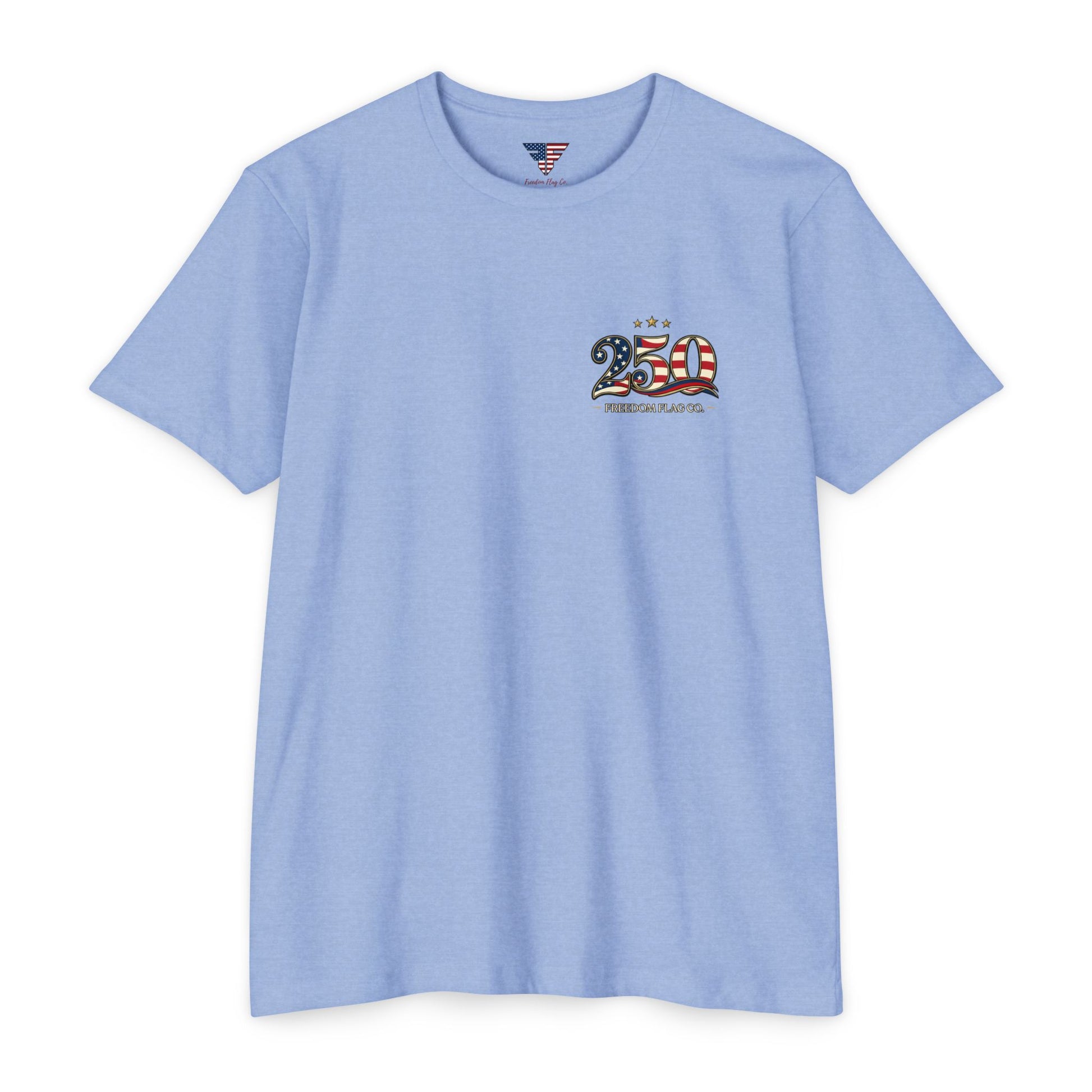 Light blue t-shirt with a graphic design on a white background