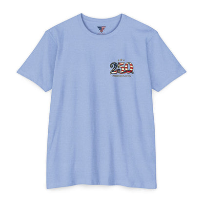 Light blue t-shirt with a graphic design on a white background