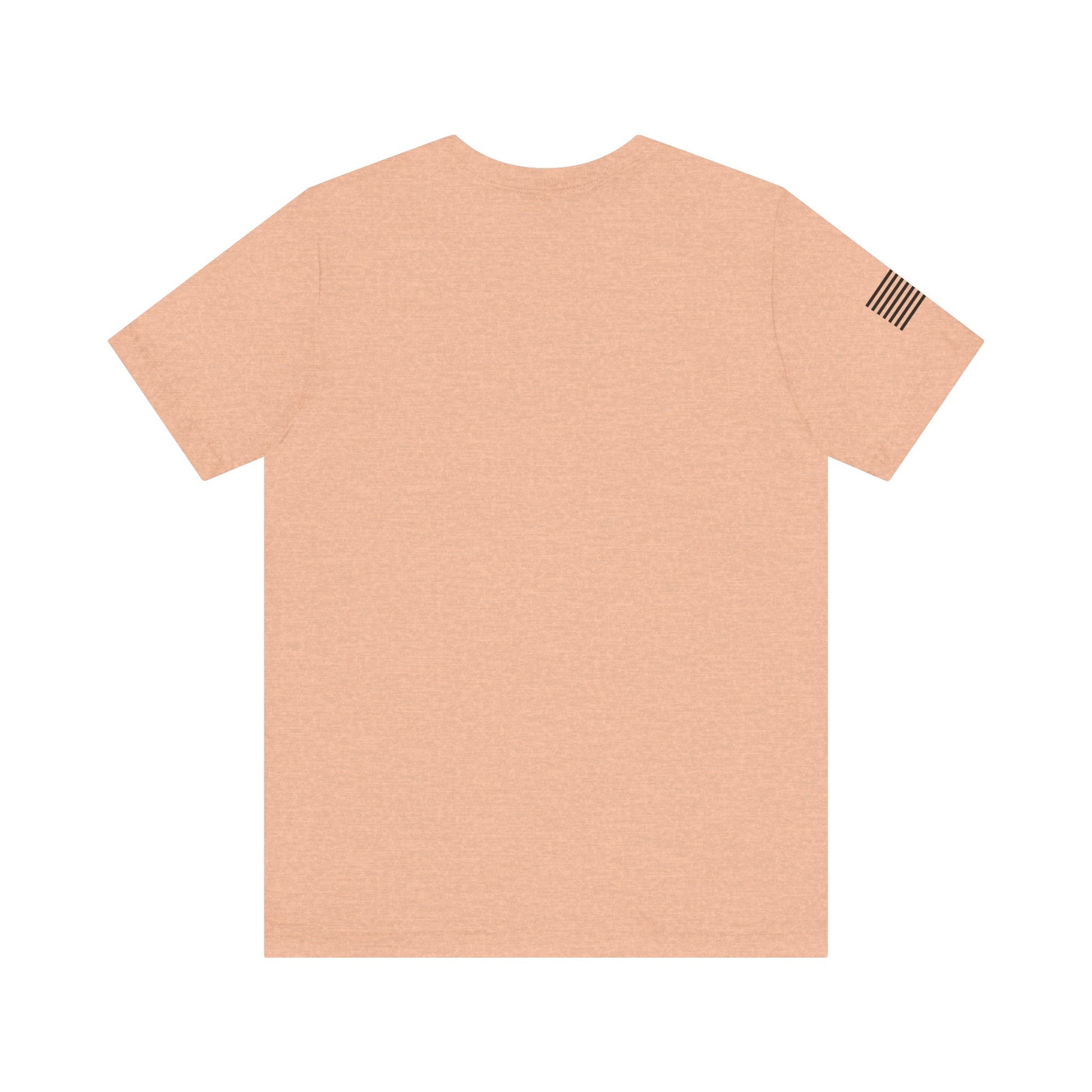 Beige t-shirt with a small flag patch on the sleeve against a white background