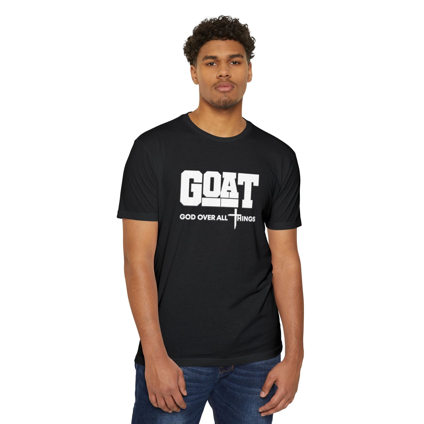Man wearing a black t-shirt with 'GOAT God Over All Things' text on a white background