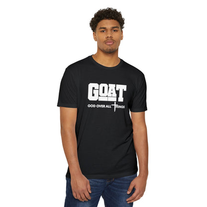 Man wearing a black t-shirt with 'GOAT God Over All Things' text on a white background