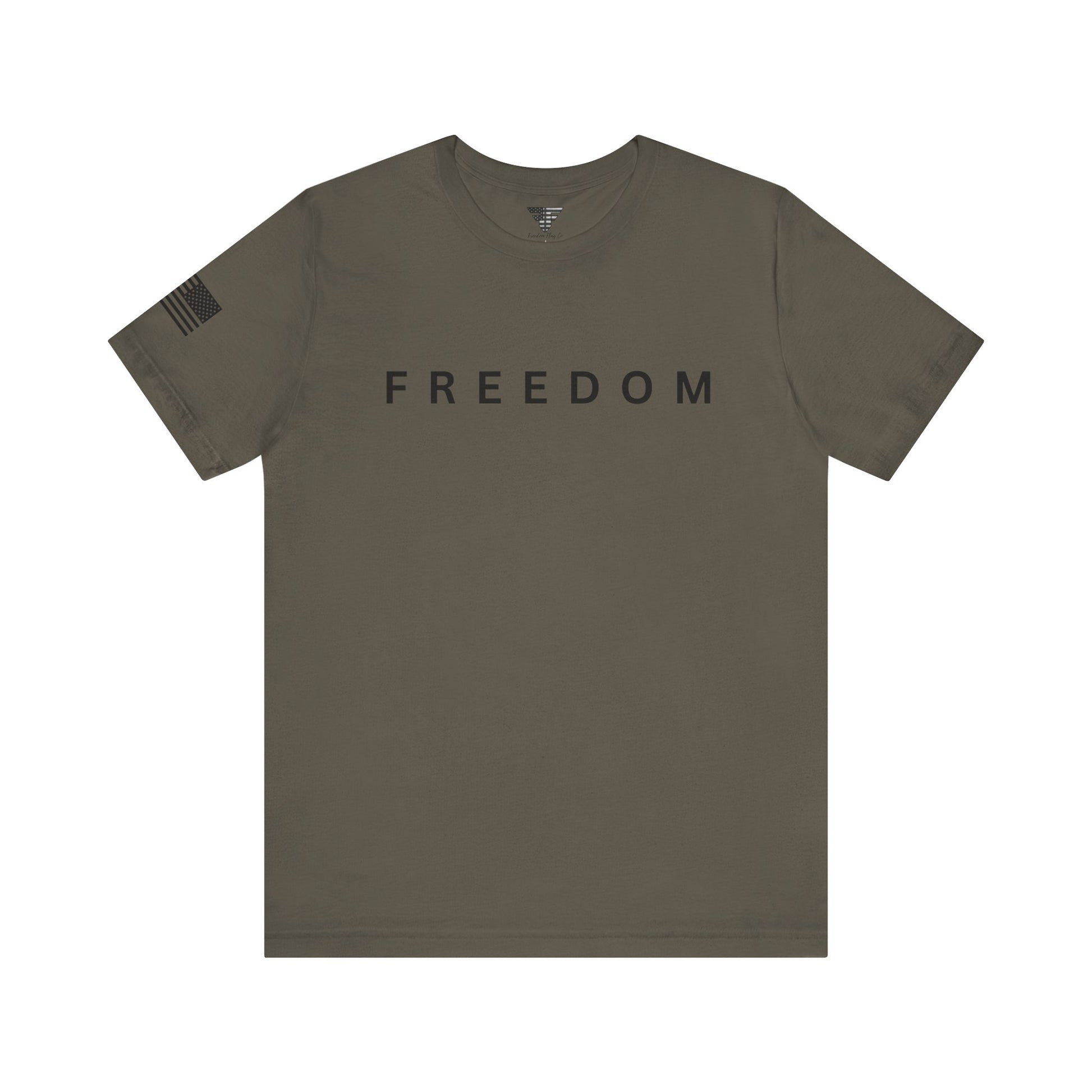 Olive green t-shirt with 'FREEDOM' printed on a white background