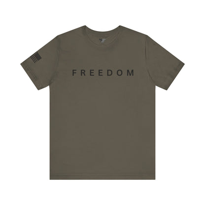 Olive green t-shirt with 'FREEDOM' printed on a white background