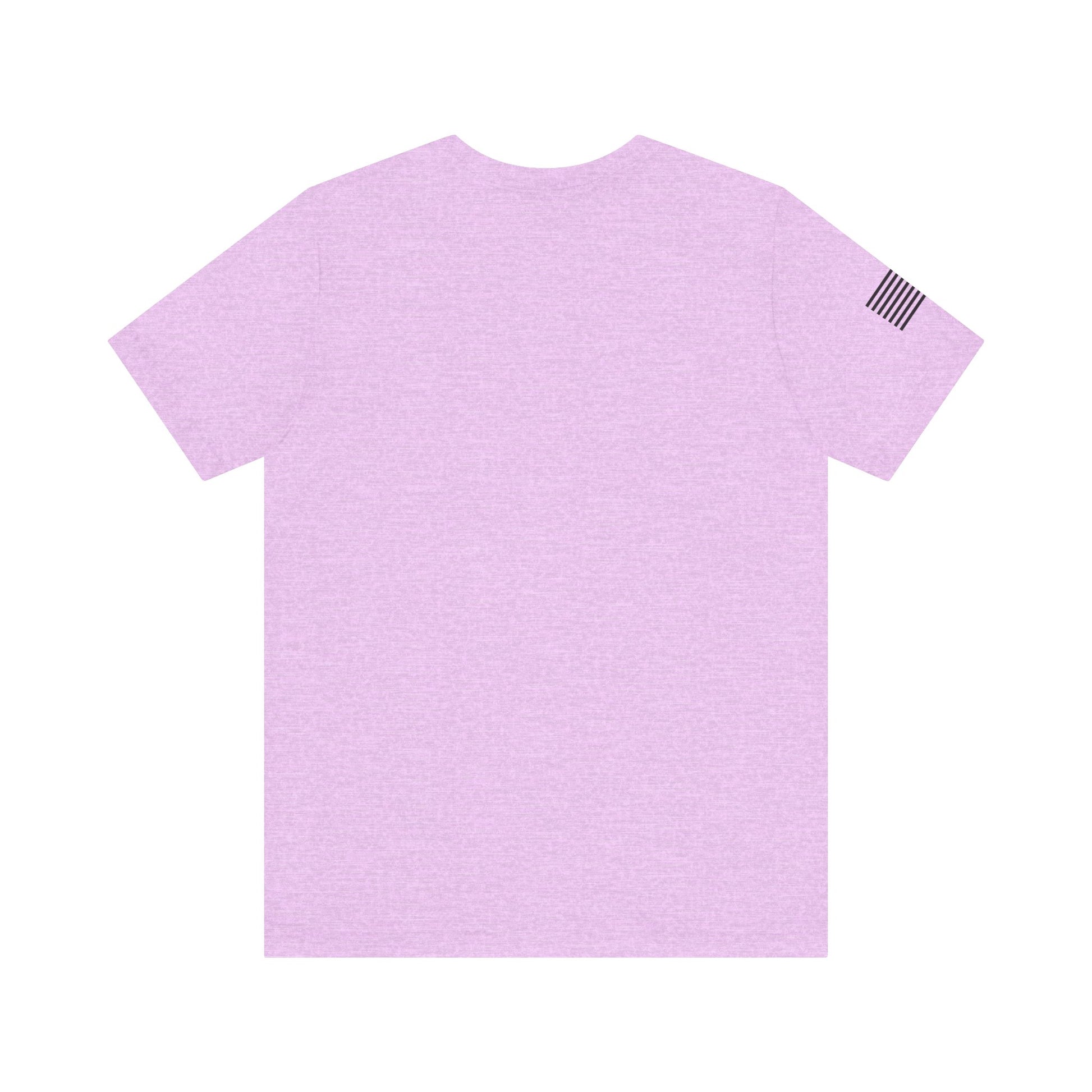 Light purple t-shirt with a small black flag design on the sleeve against a white background
