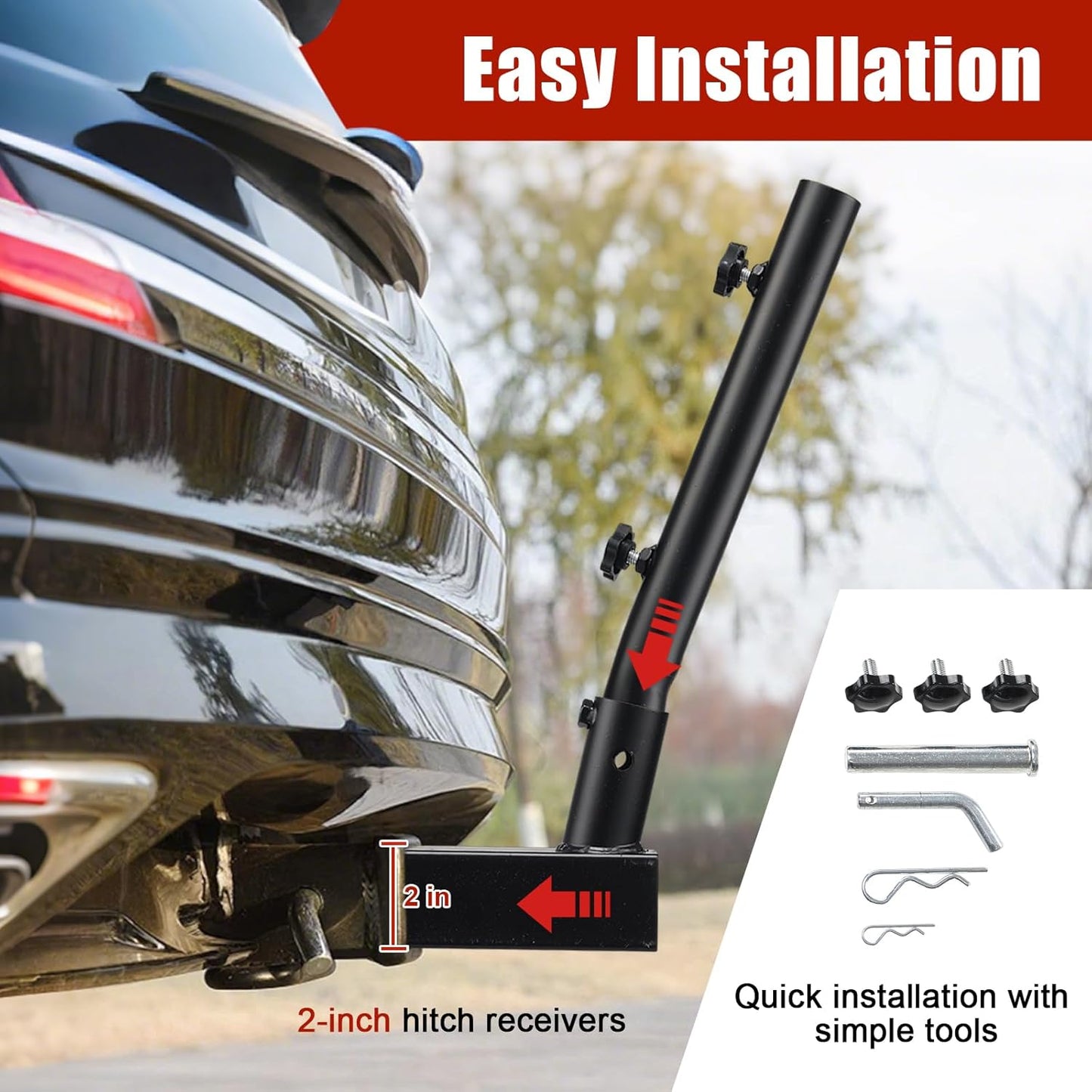 Car hitch receiver with installation tool and accessories on a blurred outdoor background