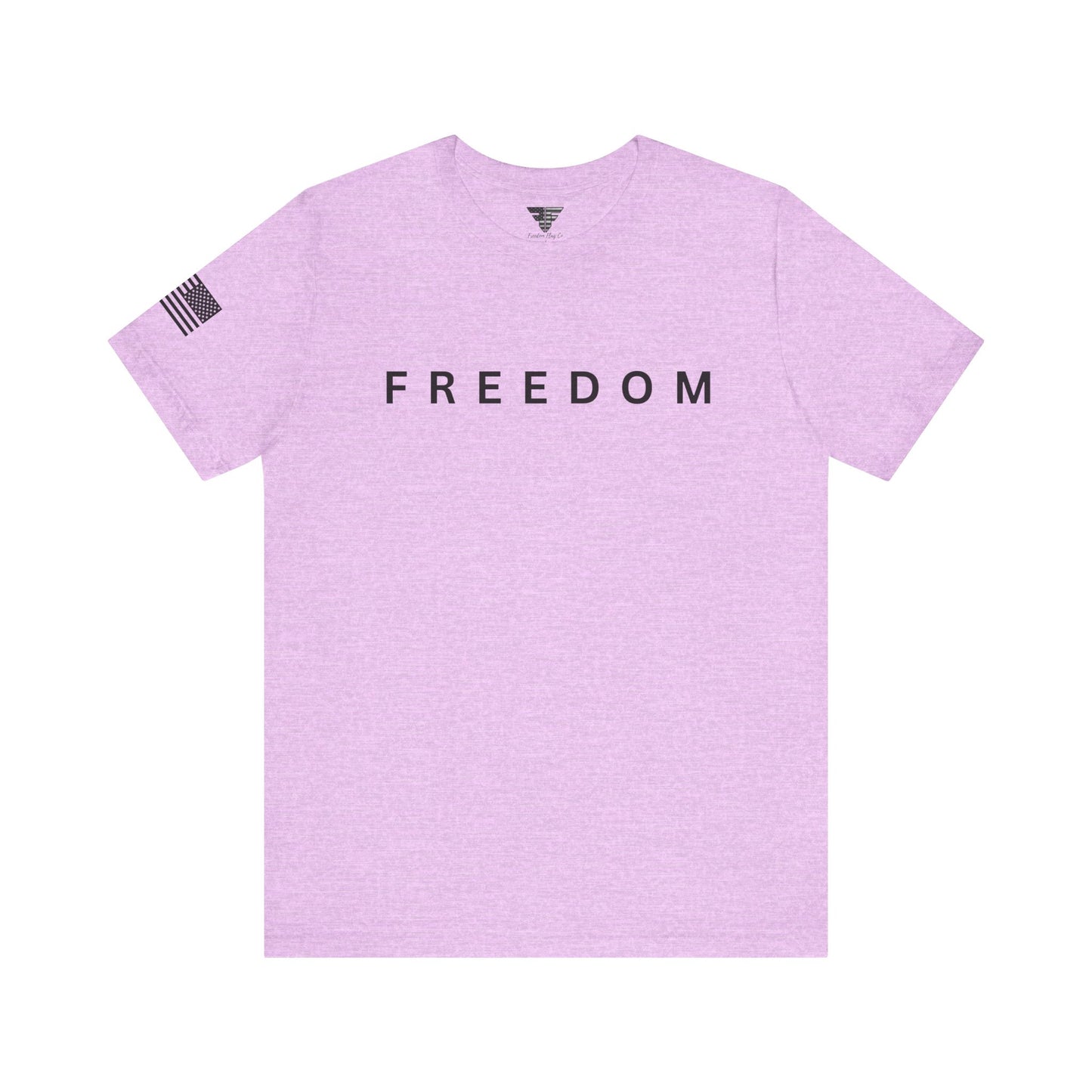 Purple t-shirt with 'FREEDOM' text on a white background