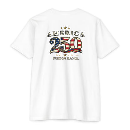 White t-shirt with 'America 250' design featuring an American flag on a white background