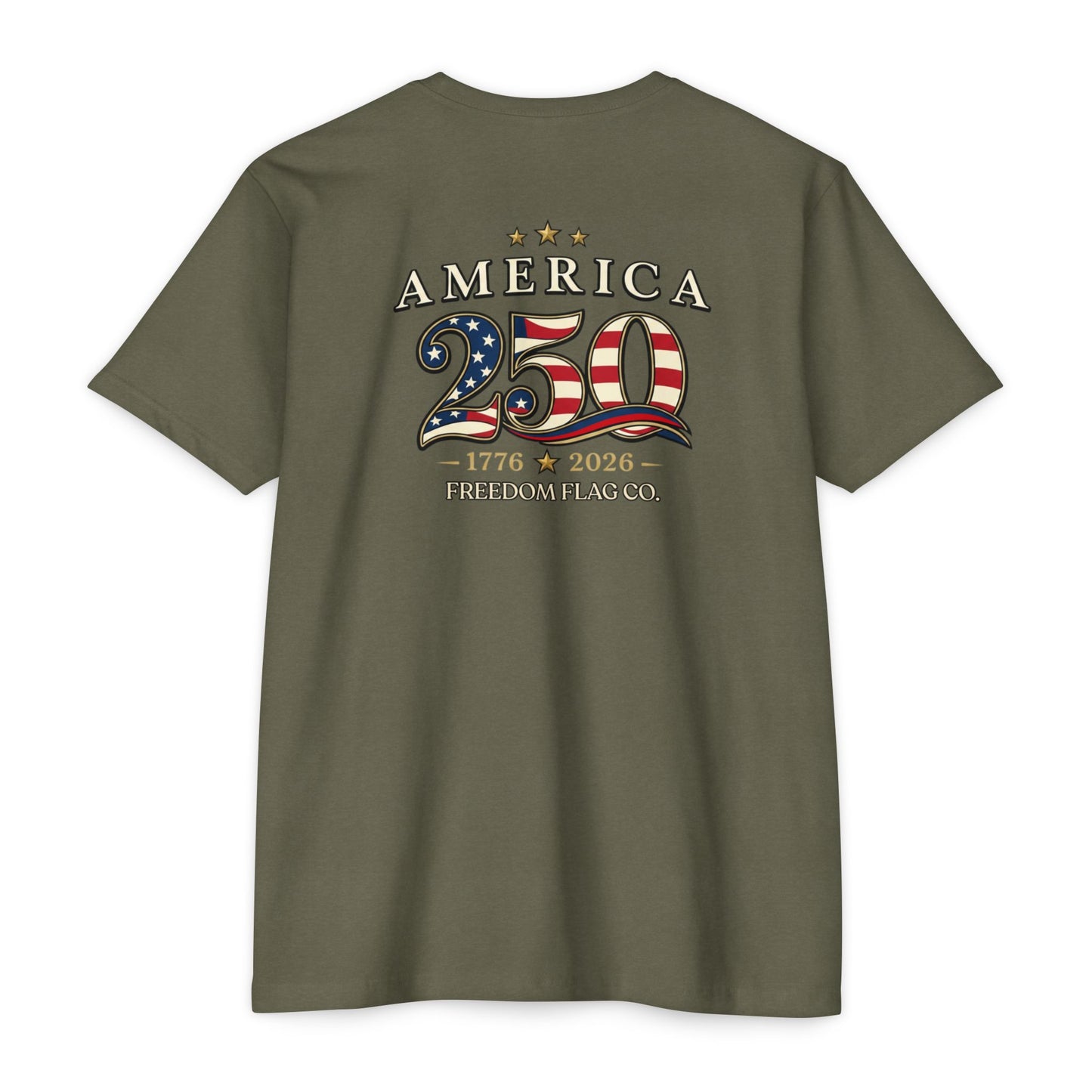 Green t-shirt with 'America 250' design on the back, featuring stars and stripes, on a white background.