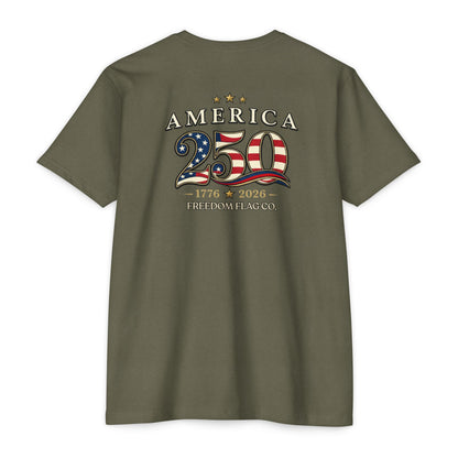 Green t-shirt with 'America 250' design on the back, featuring stars and stripes, on a white background.