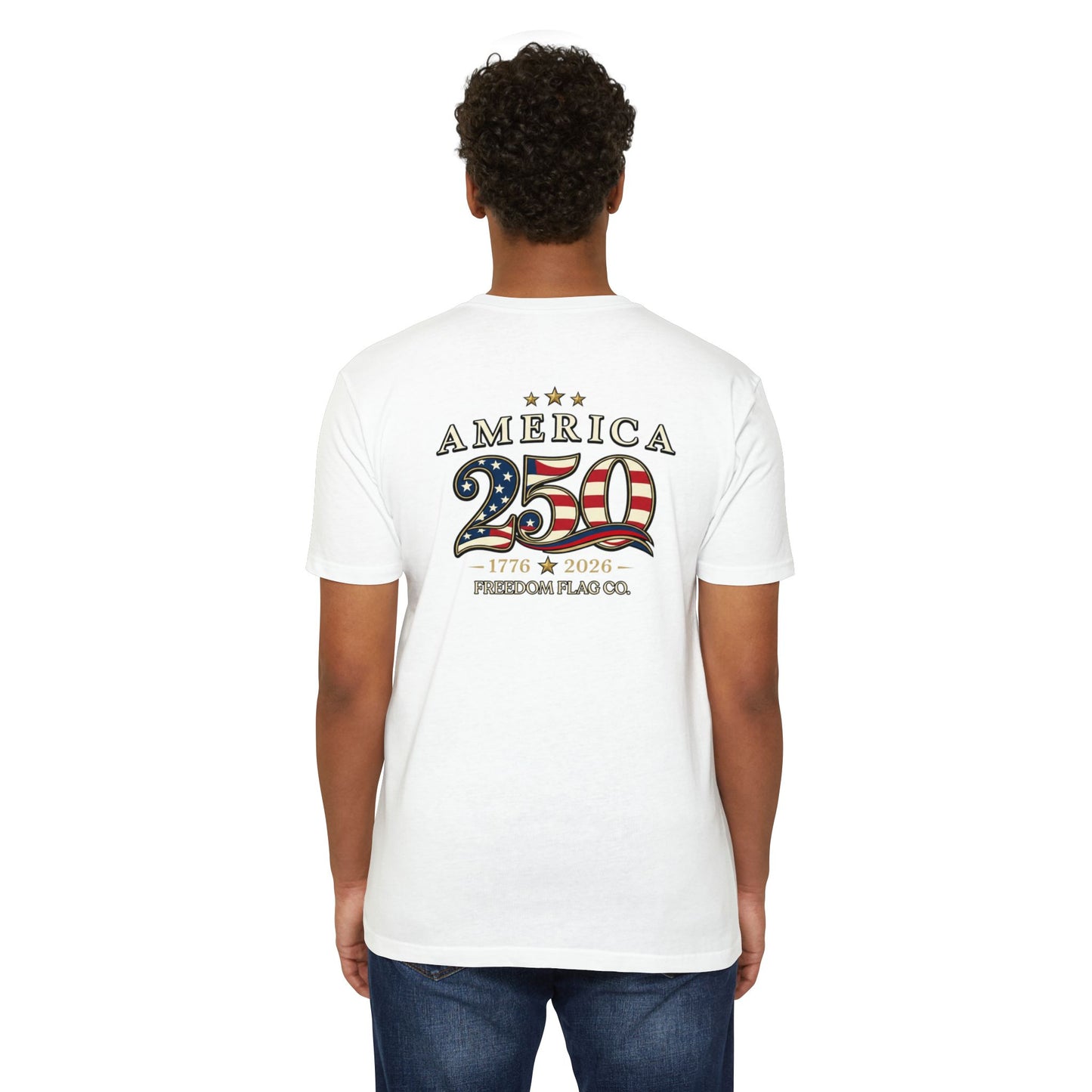 Person wearing a white t-shirt with 'America 250' design on the back, on a white background