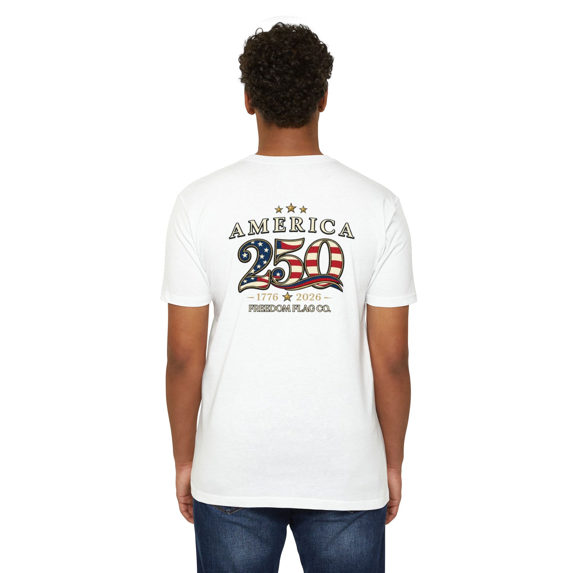 Person wearing a white t-shirt with 'America 250' design on the back, on a white background