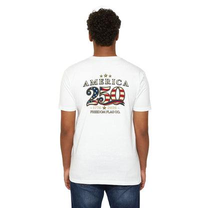 Person wearing a white t-shirt with 'America 250' design on the back, on a white background
