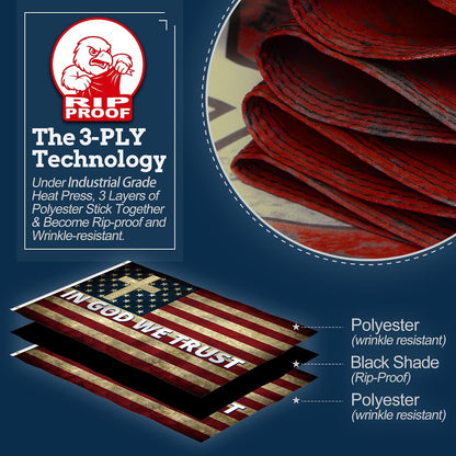 Rip-proof American flag puffy stick toppers with text reading 'IN GOD WE TRUST', shown on a dark blue background with product features, a close-up of the red fabric layers, and material callouts.