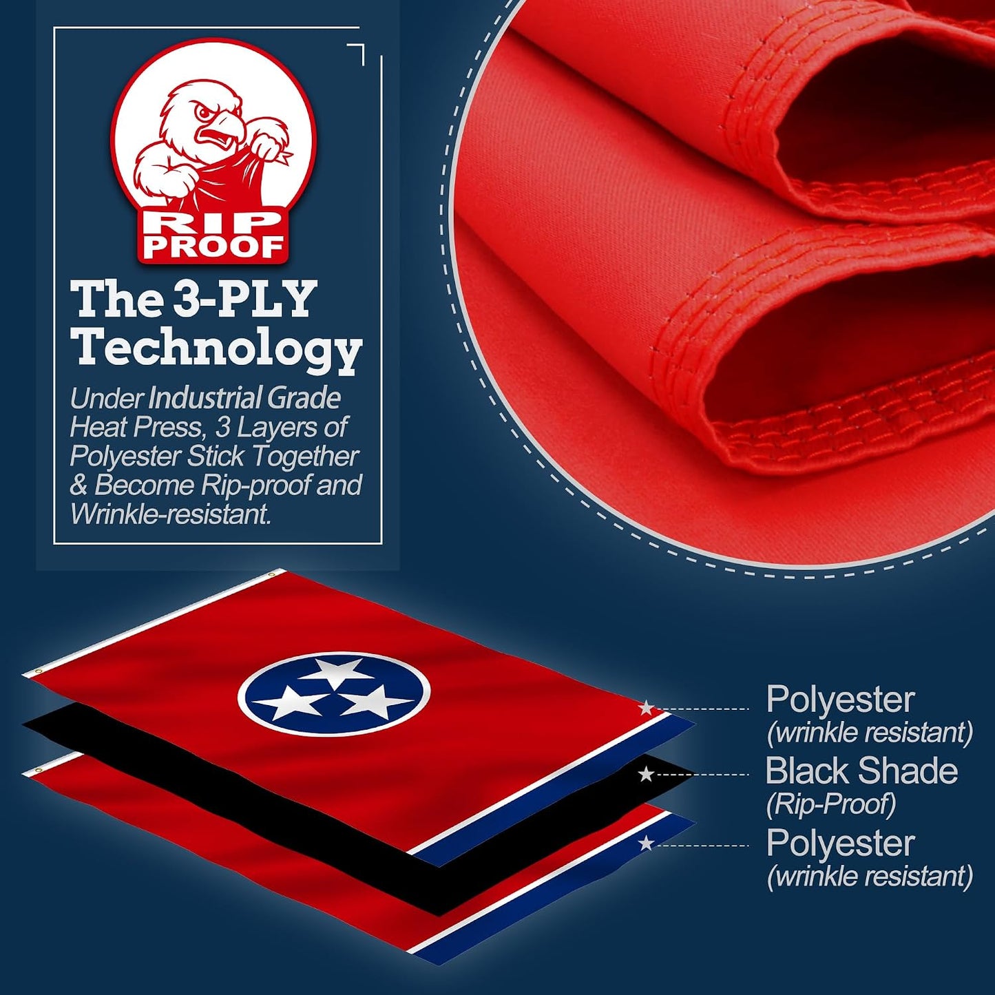 3' x 5' Rip-Proof Double-Sided 3-Ply Tennessee State Flag | Heavy-Duty Outdoor Flag