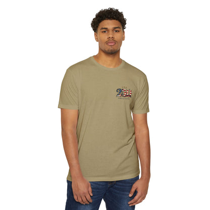 Man wearing a khaki t-shirt with a small graphic on a white background