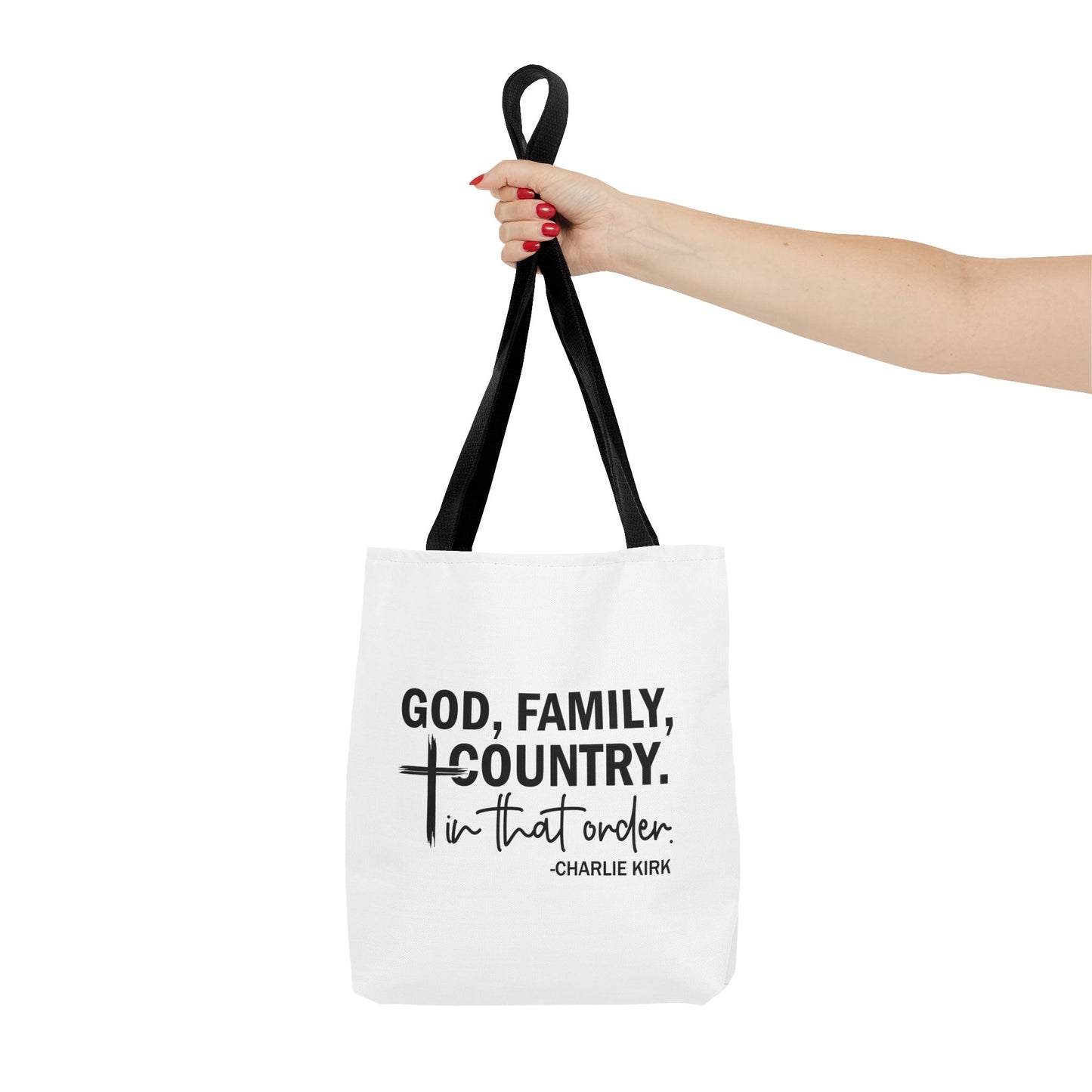 Charlie Kirk "God, Family, Country" Tote Bag – Patriotic Memorial Canvas Bag