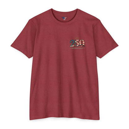 Red t-shirt with a graphic design on a white background