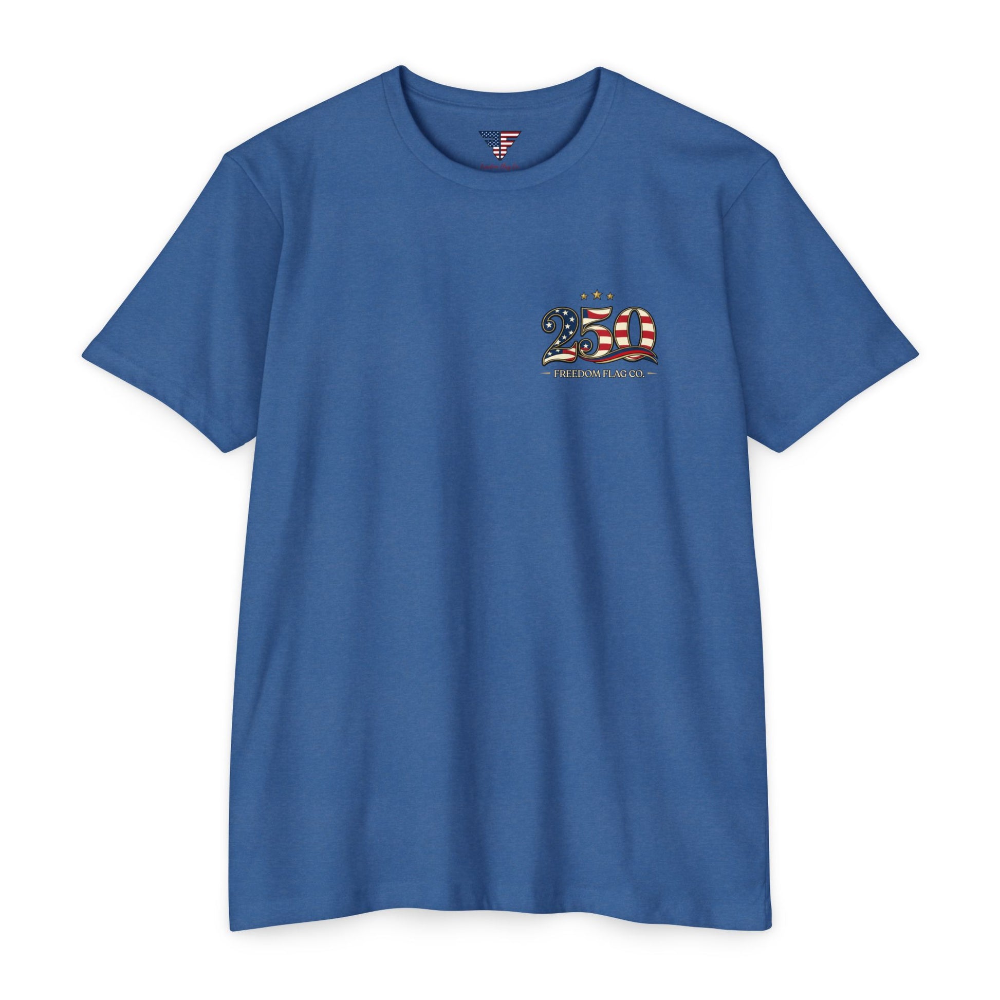 Blue t-shirt with a graphic design on a white background