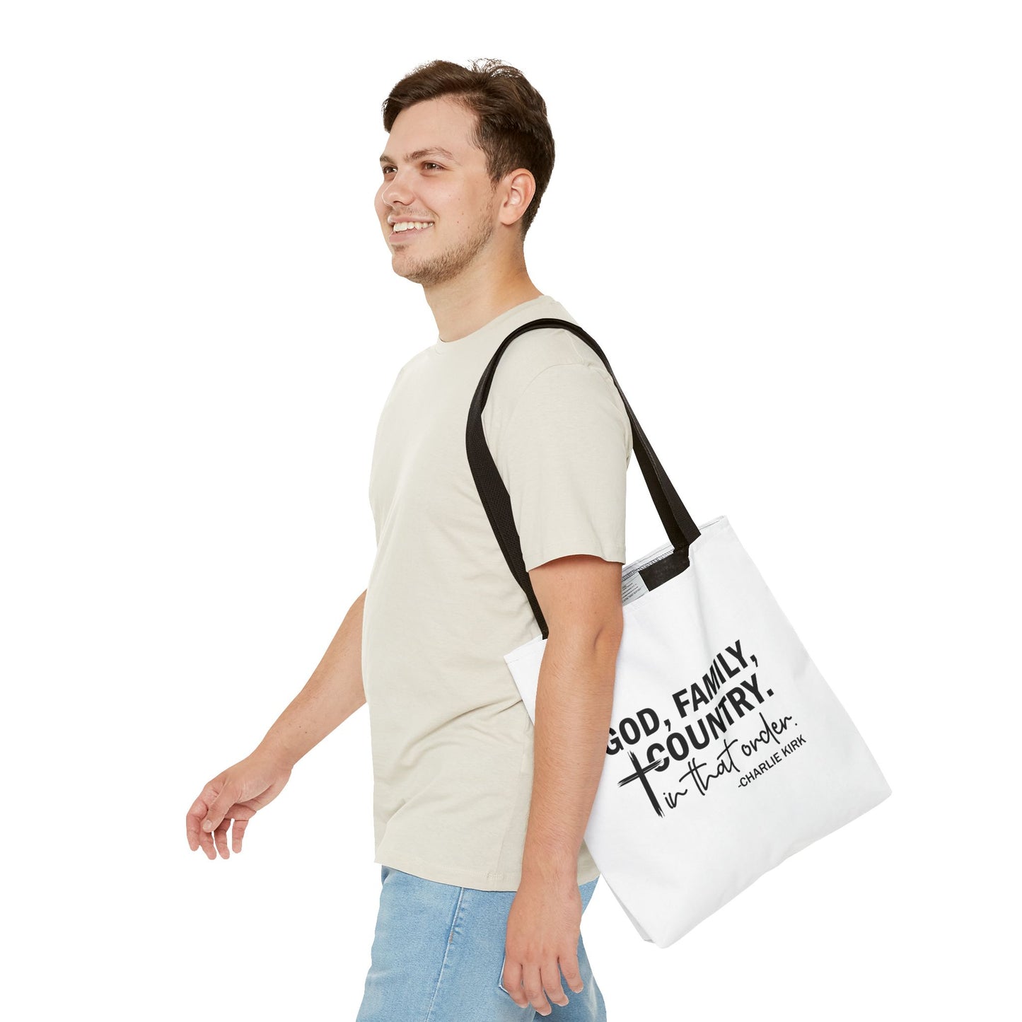 Charlie Kirk "God, Family, Country" Tote Bag – Patriotic Memorial Canvas Bag
