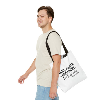 Charlie Kirk "God, Family, Country" Tote Bag – Patriotic Memorial Canvas Bag