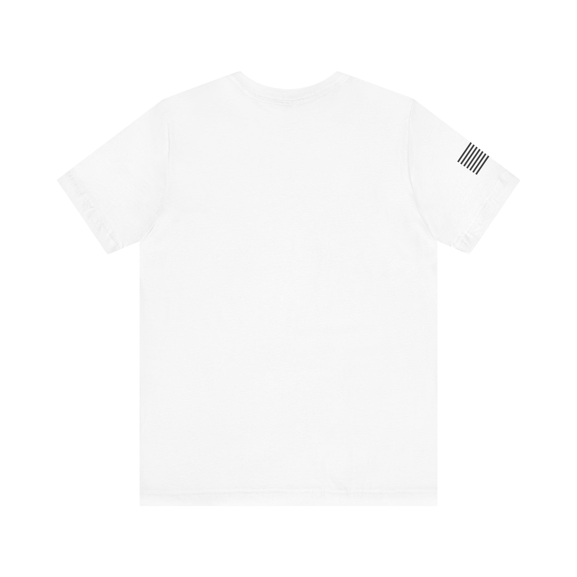 White t-shirt with a small black logo on a white background