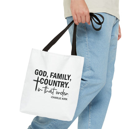 Charlie Kirk "God, Family, Country" Tote Bag – Patriotic Memorial Canvas Bag