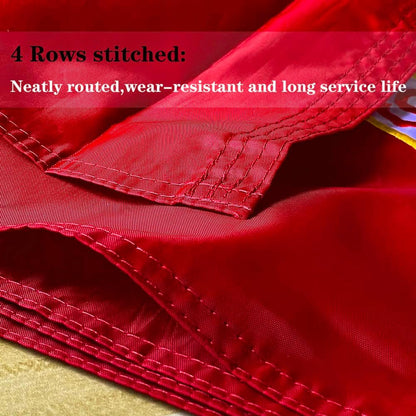 Close-up of a red fabric item with visible stitching and overlaid text reading '4 Rows stitched: Neatly routed, wear-resistant and long service life'.